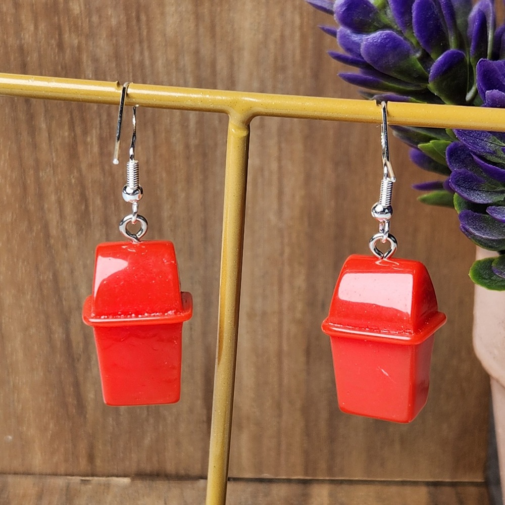 Red Trash Can Dangle Earrings Novelty Miniature Garbage Bin Jewelry 1.75" - Picture 4 of 4